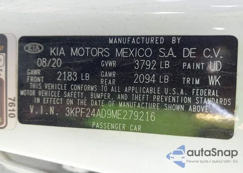 2021 Kia Forte Lxs z USA, uszkodzony, nr VIN 3KPF24AD9ME279216